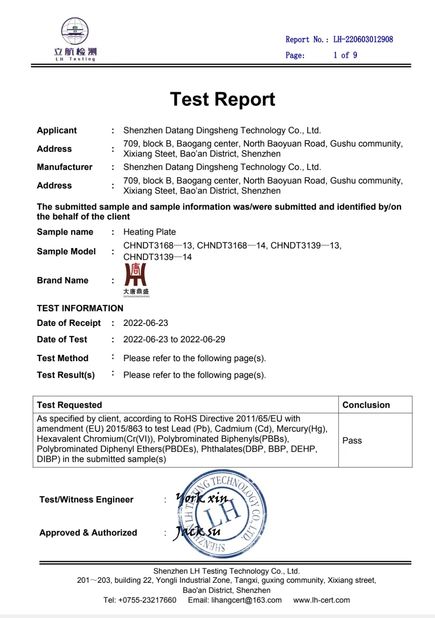 Chine Shenzhen Datang Dingsheng Technology Co., Ltd. certifications